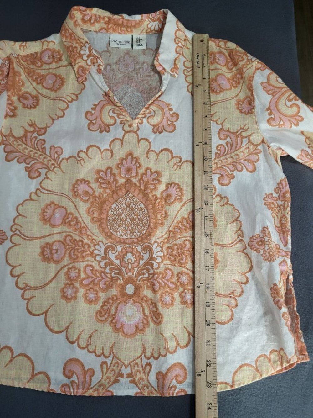 Rachel Zoe SZ M Long Sleeved V Neck Linen Boho Print Blouse Top Orange White - Picture 4 of 6